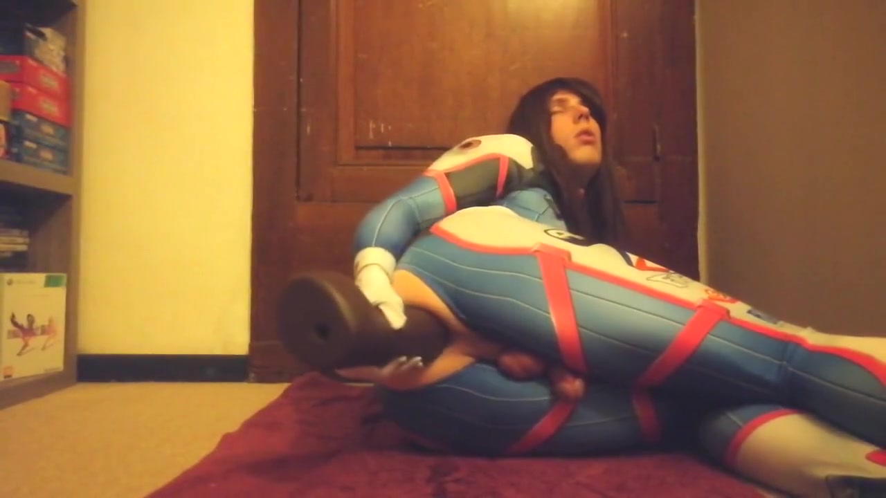 Trans in D.va cosplay playing with huge dildo