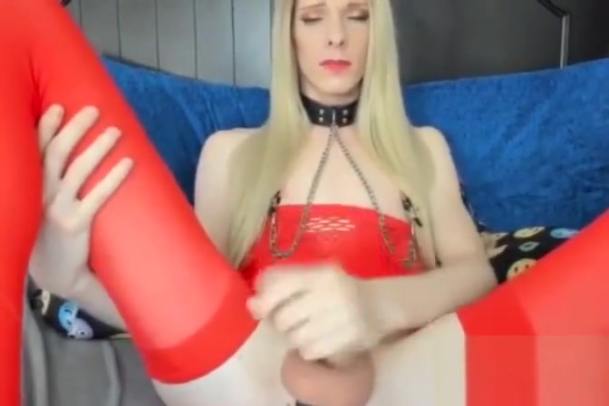 Blonde CD stockings huge dick cum webcam