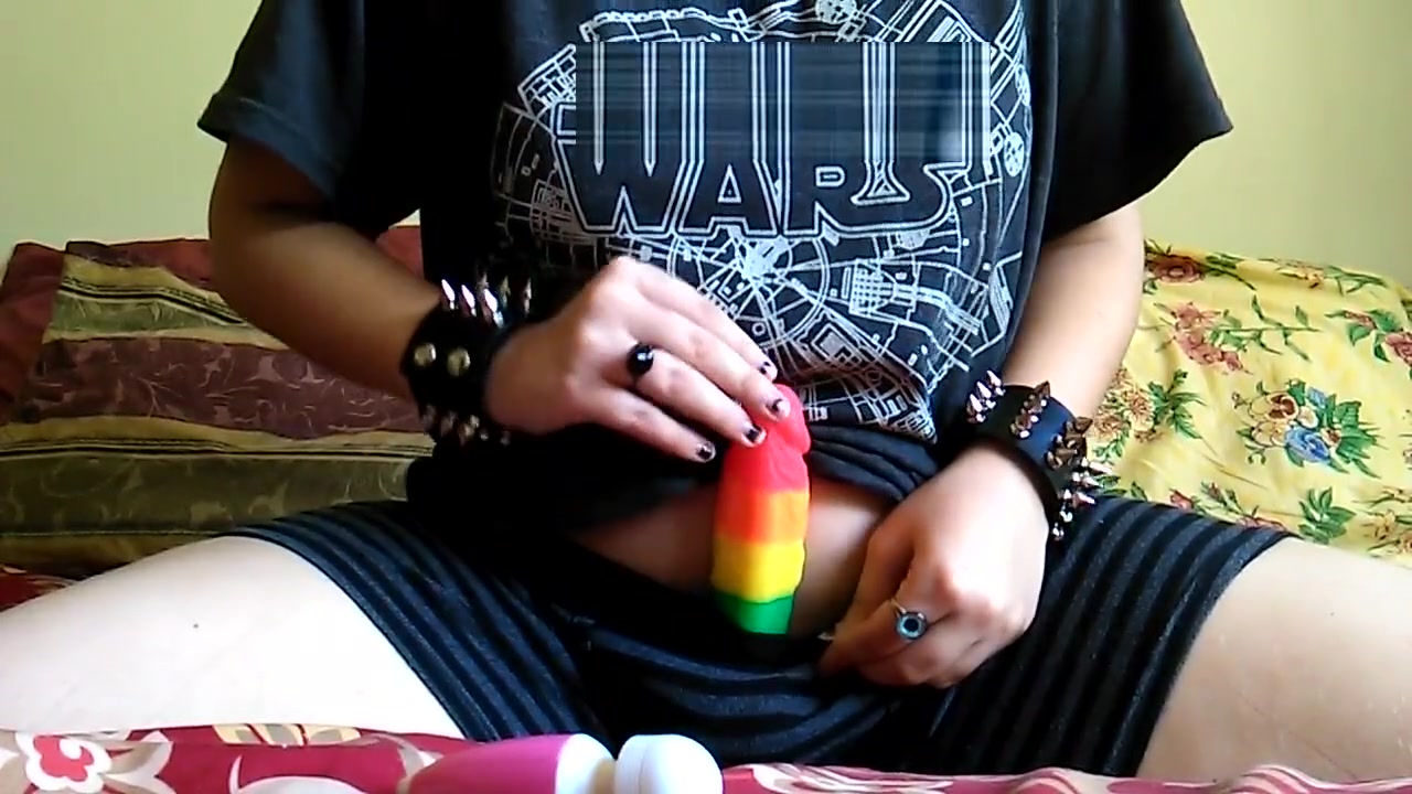 punk ftm jerks off rainbow dildo & uses mini hitatchi wand