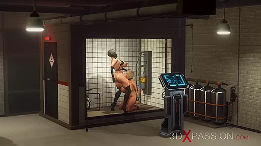 Super hot shemale fucks hard big tits sexy slut in cuffs in the lab