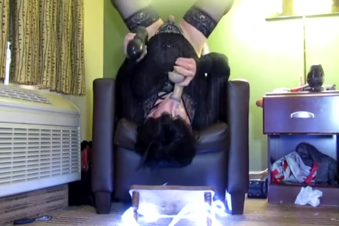 Sloppy deepthroat dildo and huge black dildo ass fuck