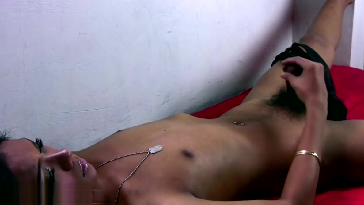 Filipino ladyboy with small tits teases hairy ass with dildo