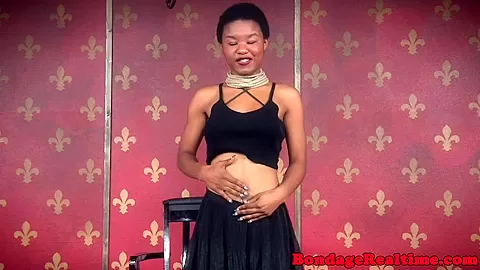 Ebony sub facefucked in bondage threeway