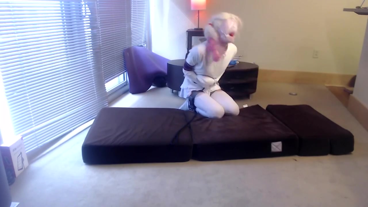 Plugged Caged & Gagged Sissy In Selfbondage Straitjacket And Wig - Harley Quinn