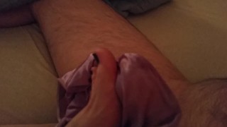 Footjob with purple satin panties and cumshot