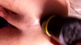 Twink gaping ass with huge black dildo